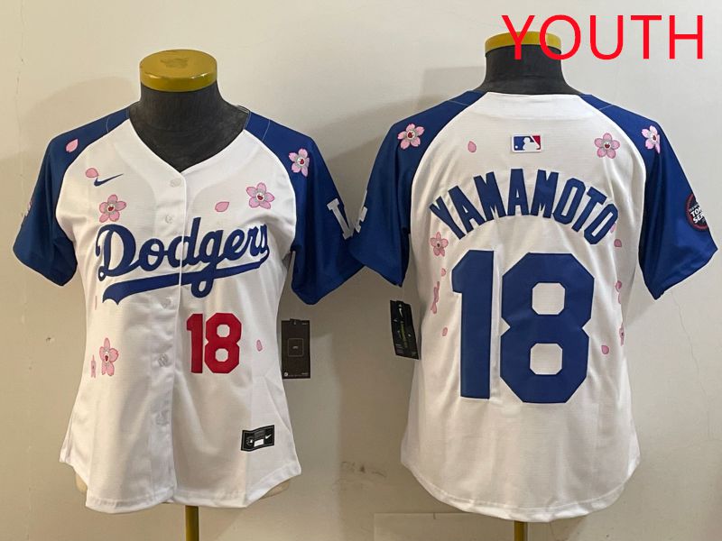 Youth Los Angeles Dodgers #18 Yamamoto White Blue Sakura Edition 2025 Nike MLB Jersey style 8